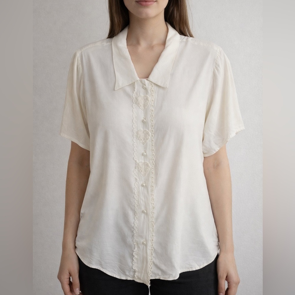 Vintage Exposé white pearl Button-Front lace heart cottage granny Blouse